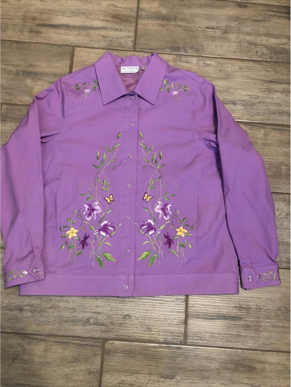 Vtg Victor Costa Womens Purple Denim/canvas Jacket Embroidered  Snap Collared M